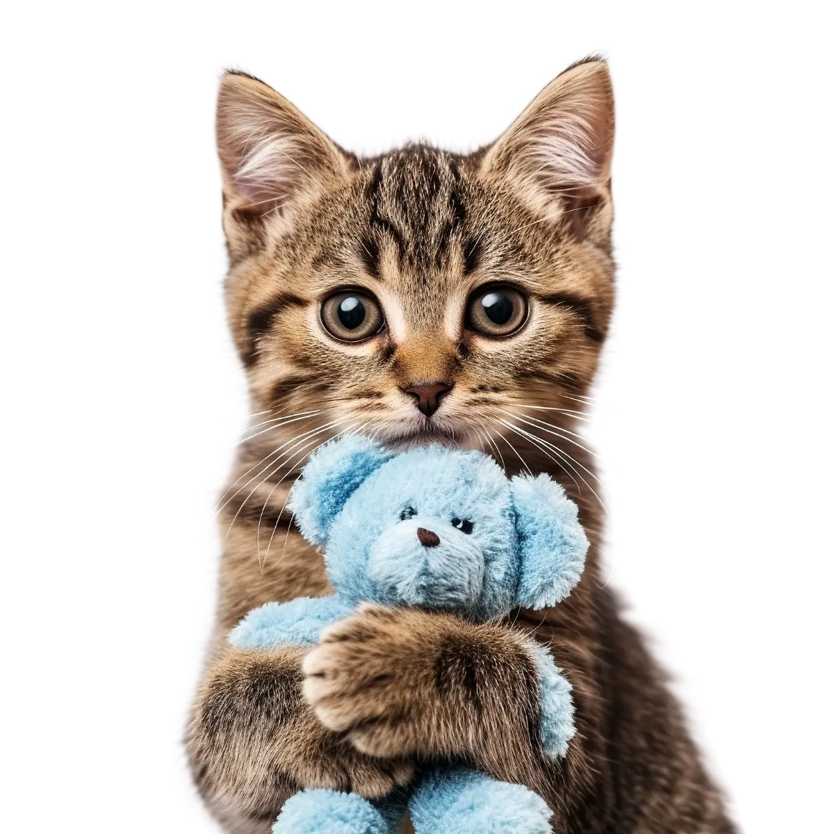 A sweet brown tabby kitten holding a small blue teddy bear, showcasing comfort and cuteness.