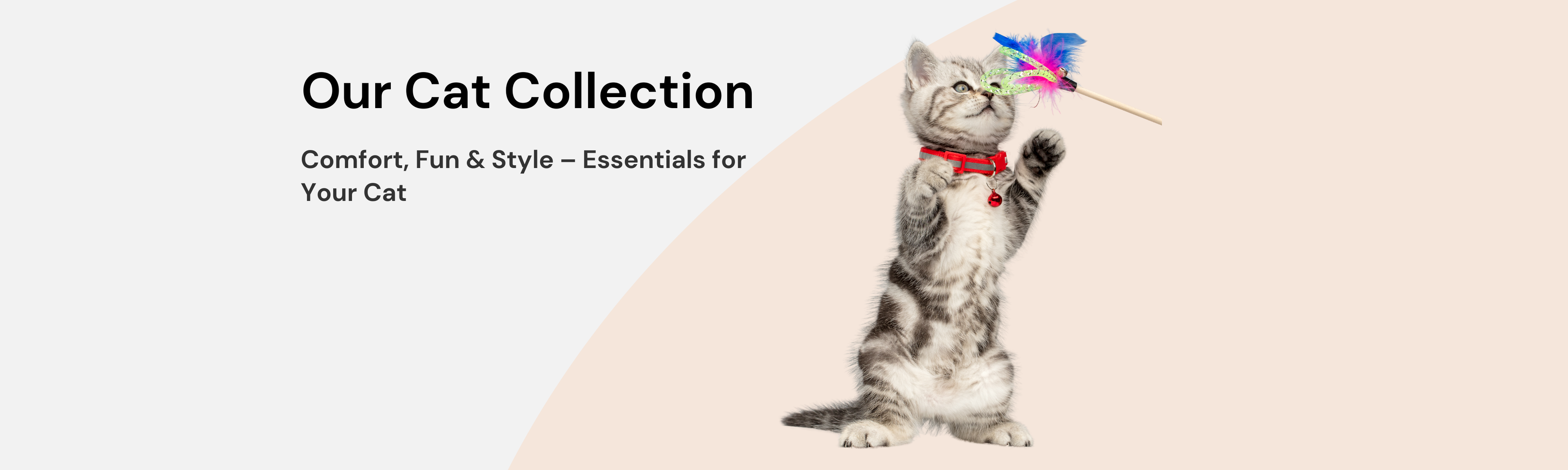 Adorable kitten playing with a feather toy on a beige background, highlighting the Kute Kittens Cat Collection with fun and stylish essentials.