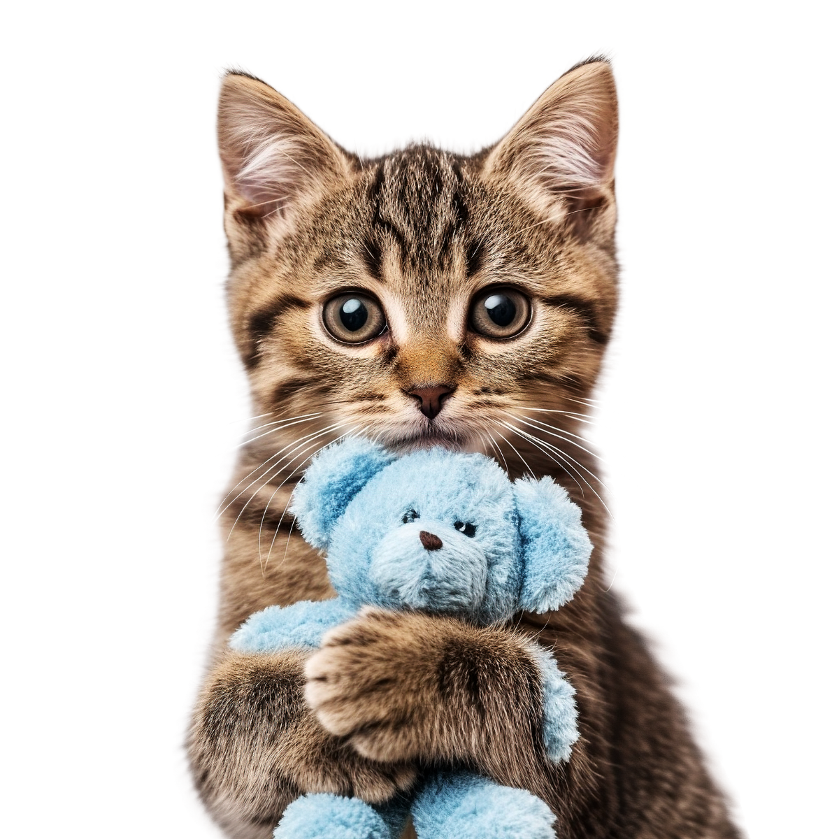 A sweet brown tabby kitten holding a small blue teddy bear, showcasing comfort and cuteness.